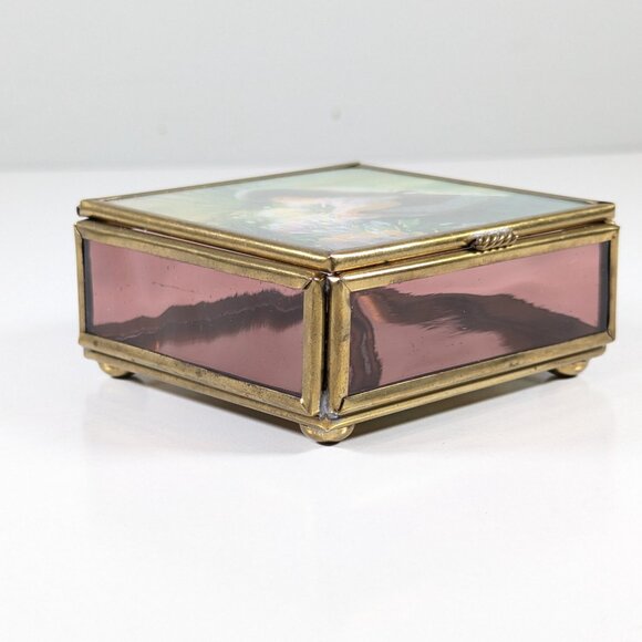1990s Glass and brass trinket box handcrafted Via Vermont Mexico jewelry box - Picture 3 of 11